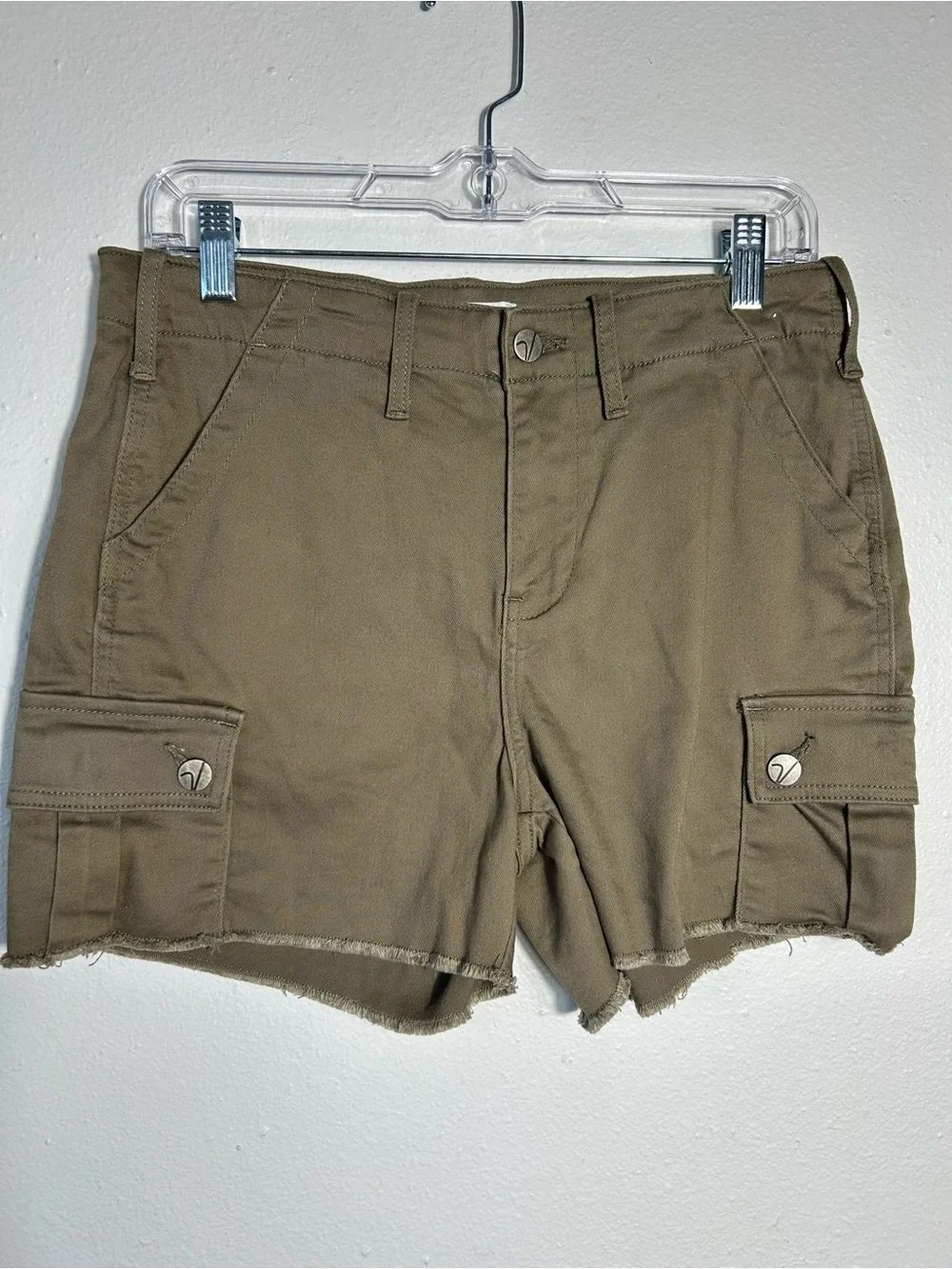 Vigoss Ace High Rise Cargo Shorts Womens Size 28 Olive Brown Raw Hem Stretch - Picture 2 of 10